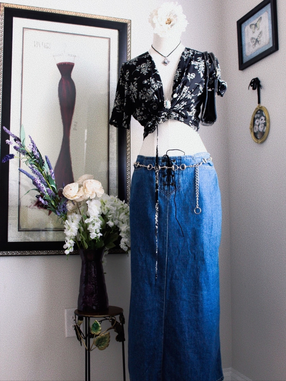 Vintage 90s Lace Up Denim Maxi Skirt